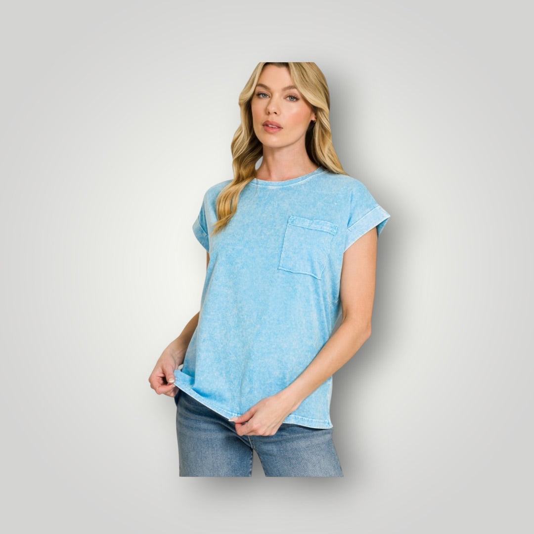 Sky Blue Zenana Shorts Set Women-Tops, Medium